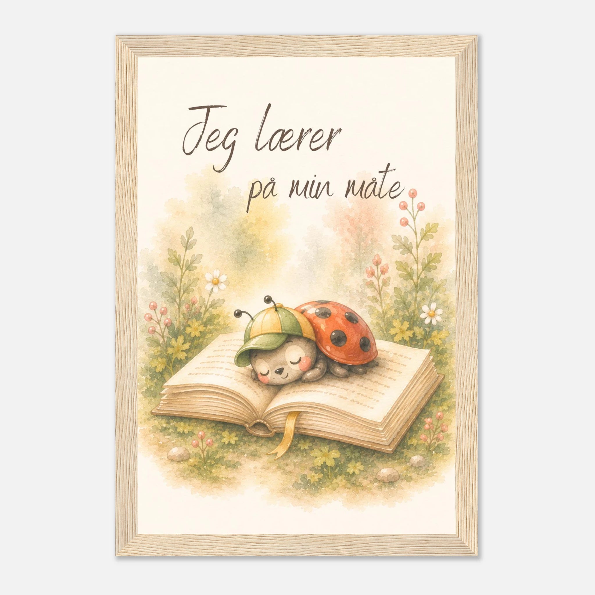 Innrammet veggplakat for barn med marihøne på bok og positivt budskap